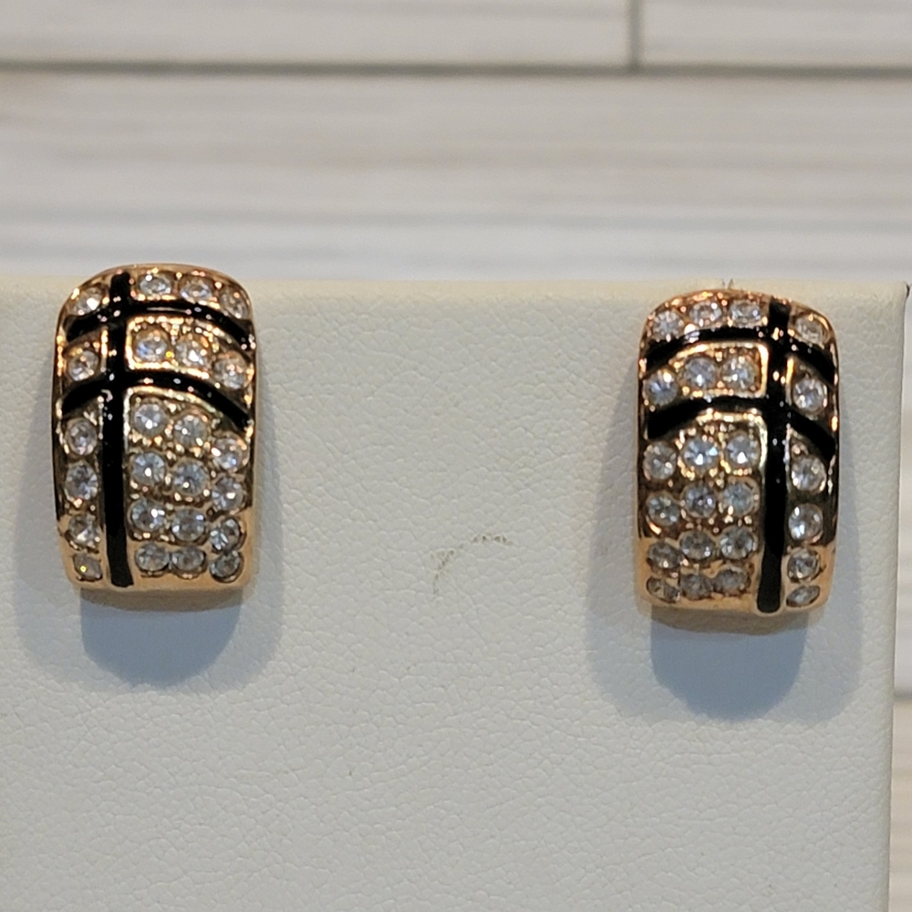 Vintage Roman Gold Tone Clear Rhinestone Geometric Half Hoop Earrings 3/4”